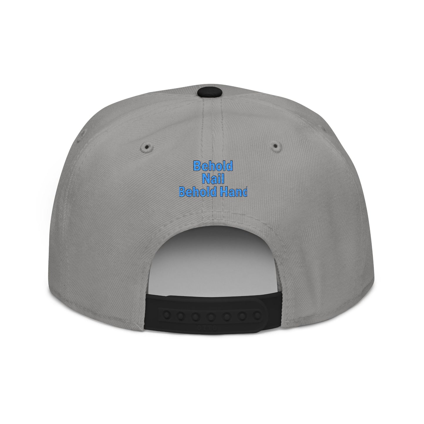Snapback Cap Embroidered with 'Behold Nail Behold Hand' Design