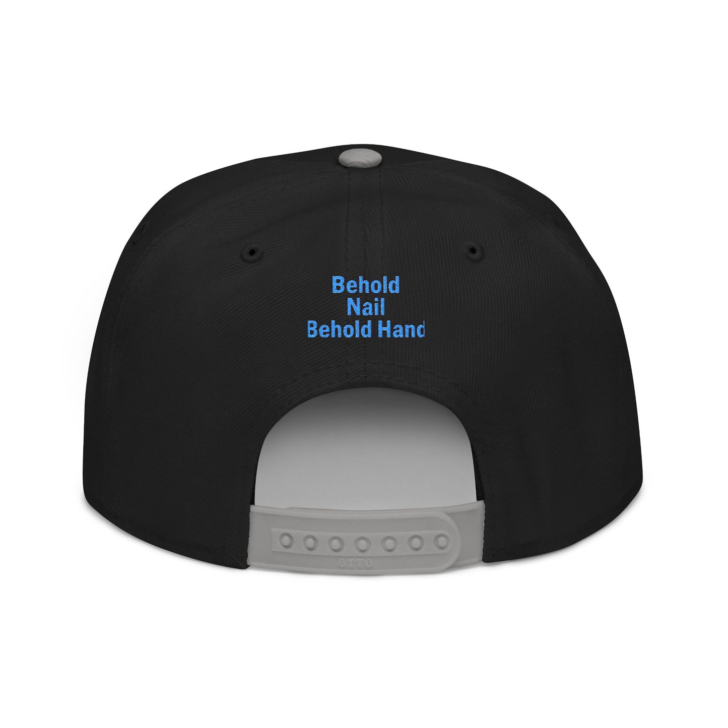 Snapback Cap Embroidered with 'Behold Nail Behold Hand' Design