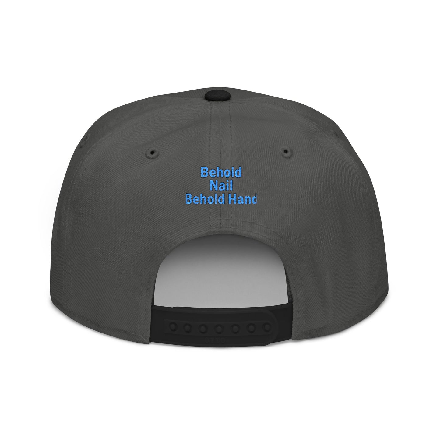 Snapback Cap Embroidered with 'Behold Nail Behold Hand' Design